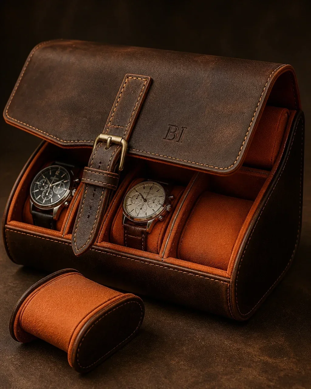 Bespoke full-grain leather watch bag with Beckham Intemporel insignia