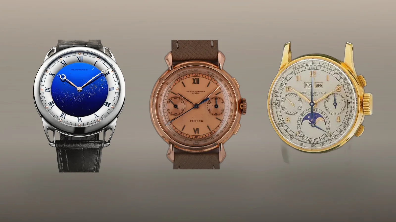 De Bethune DB25 Starry Sky centred, flanked by a rose-gold Vacheron Constantin chronograph and a yellow-gold Patek Philippe chronograph against a soft gradient