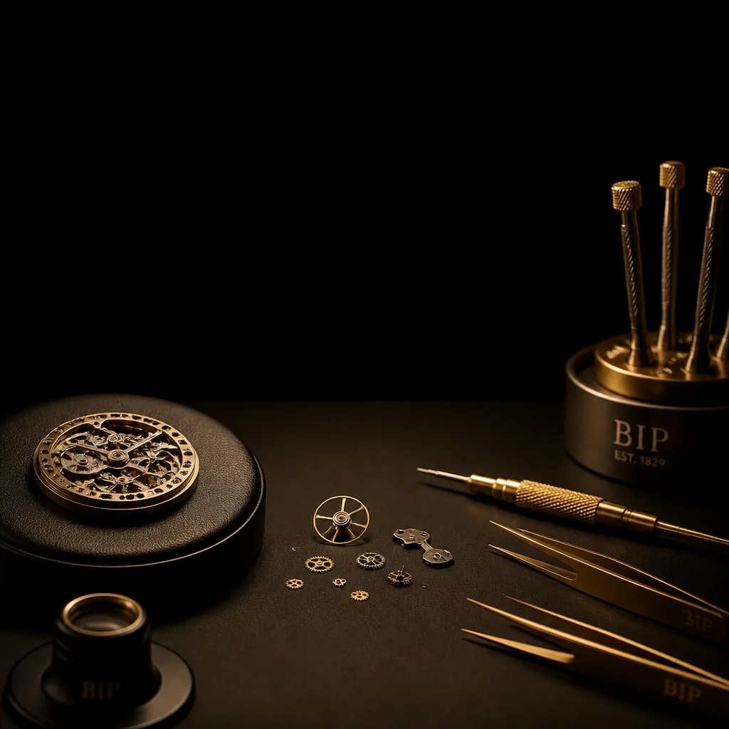 A master watchmaker’s workbench with precision tools